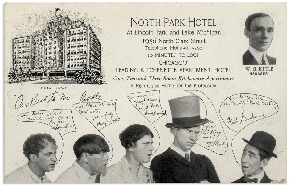 ''A Night in Venice'' Era Postcard, Circa 1929, Featuring Ted Healy With Moe, Larry, Shemp & Fred Sanborn -- 5.5'' x 3.5'' Postcard Promotes the North Park Hotel in Chicago -- Near Fine
